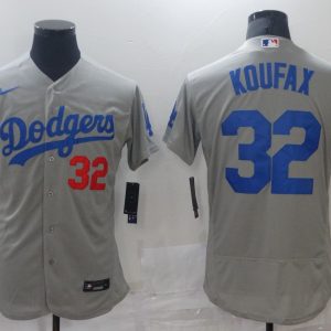 Los Angeles Dodgers #32 Sandy Koufax Grey Flex Base Sttiched Jersey