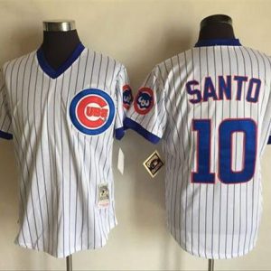 Mitchell And Ness Cubs #10 Ron Santo White(Blue Strip) Throwback Stitched Jersey