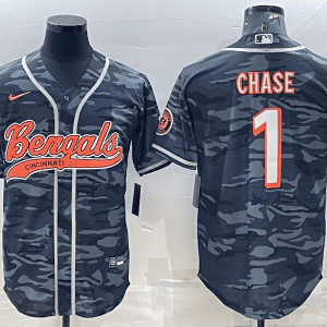 Cincinnati Bengals #1 Ja'Marr Chase Grey Camo With Patch Cool Base Stitched Baseball Jersey