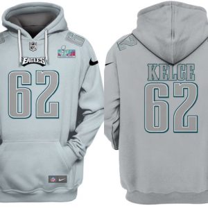 Philadelphia Eagles #62 Jason Kelce Grey Atmosphere Fashion Super Bowl LVII Patch Pullover Hoodie