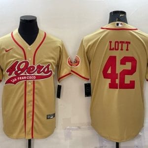 San Francisco 49ers #42 Ronnie Lott Gold With Patch Cool Base Stitched Baseball Jersey