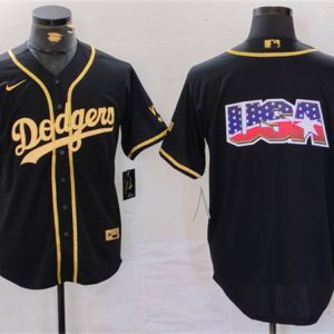 Los Angeles Dodgers Team Big Logo Black Gold Cool Base With Patch Stitched Jersey