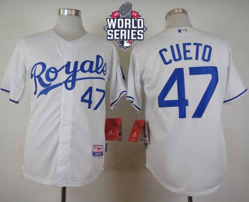 Royals #47 Johnny Cueto White Cool Base W 2015 World Series Patch Stitched Jersey