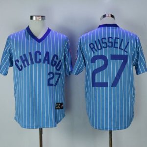 Cubs #27 Addison Russell Blue(White Strip) Cooperstown Throwback Stitched Jersey