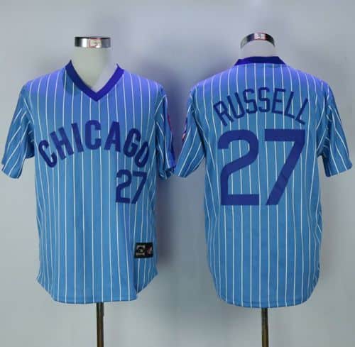 Cubs #27 Addison Russell Blue(White Strip) Cooperstown Throwback Stitched Jersey