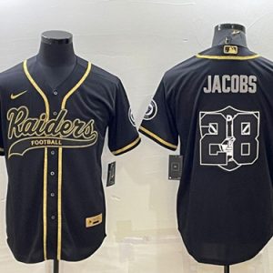 Las Vegas Raiders #28 Josh Jacobs Black Gold Team Big Logo With Patch Cool Base Stitched Baseball Jersey