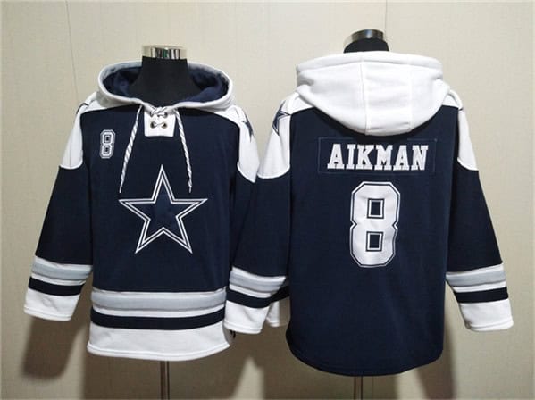 Dallas Cowboys #8 Troy Aikman Navy Ageless Must-Have Lace-Up Pullover Hoodie