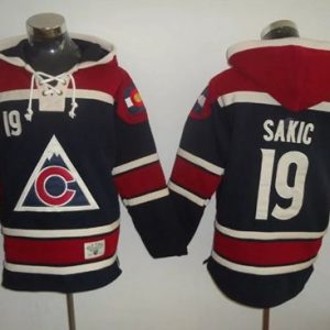 Avalanche #19 Joe Sakic Navy Blue Sawyer Hooded Sweatshirt Stitched Jersey
