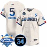 Los Angeles Dodgers #5 Freddie Freeman Cream 2024 World Champions Fernando Memorial Patch City Connect Vapor Premier Limited Stitched Jersey