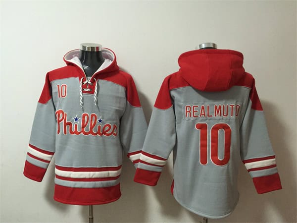 Philadelphia Phillies #10 J.T. Realmuto Grey Red Ageless Must-Have Lace-Up Pullover Hoodie