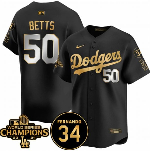Los Angeles Dodgers #50 Mookie Betts Black Gold 2024 World Series Champions Fernando Memorial Patch Vapor Premier Limited Stitched Jersey