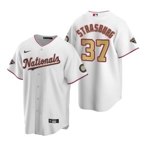 Washington Nationals #37 Stephen Strasburg White 2020 Gold Program Stitched Championship Jersey