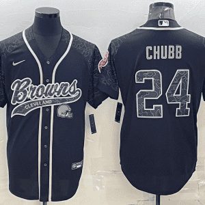 Cleveland Browns #24 Nick Chubb Black Reflective With Patch Cool Base Stitched Baseball Jersey