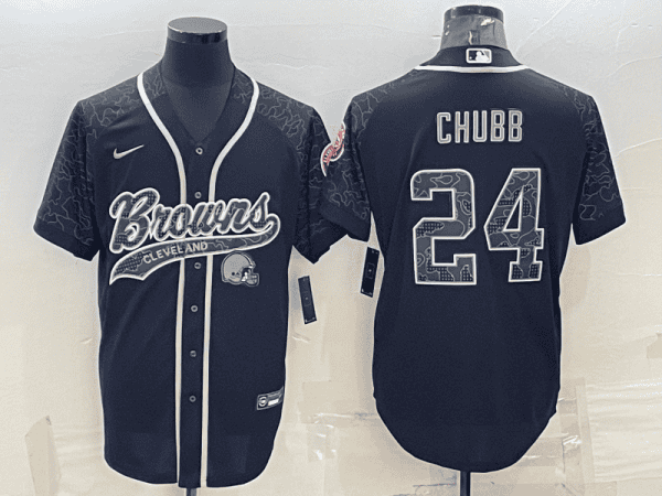 Cleveland Browns #24 Nick Chubb Black Reflective With Patch Cool Base Stitched Baseball Jersey