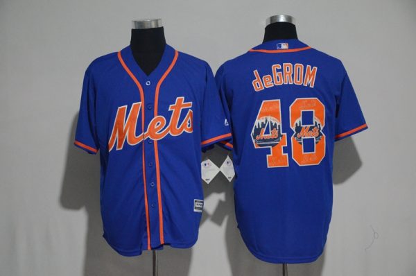 New York Mets #48 Jacob DeGrom Blue Team Logo Print Cool Base Stitched Jersey