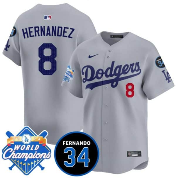 Los Angeles Dodgers #8 Enrique Hernandez Gray 2024 World Champions Fernando Memorial Patch Vapor Premier Limited Stitched Jersey