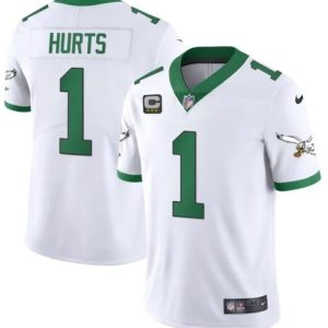 Philadelphia Eagles #1 Jalen Hurts White Kelly Green With C Patch Jersey
