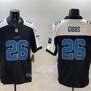 Detroit Lions #26 Jahmyr Gibbs Black White F.U.S.E. 2024 Michigan Patch Vapor Limited Stitched Jersey