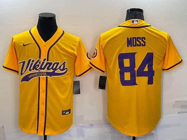 Minnesota Vikings #84 Randy Moss Yellow With Patch Cool Base Stitched Baseball Jersey