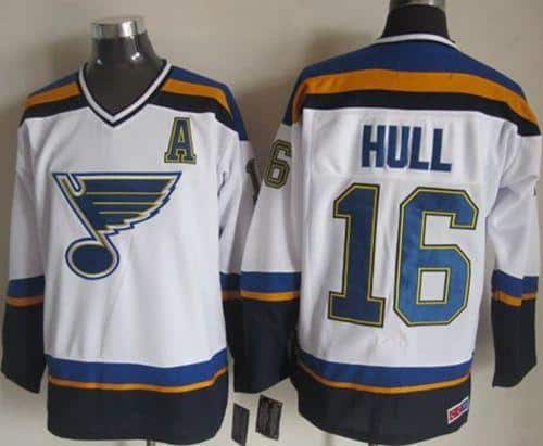 Blues #16 Brett Hull White Navy CCM Throwback Stitched Jersey