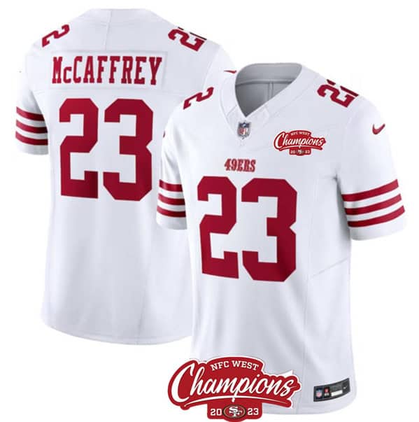 San Francisco 49ers #23 Christian McCaffrey White 2023 F.U.S.E. NFC West Champions Patch Stitched Jersey