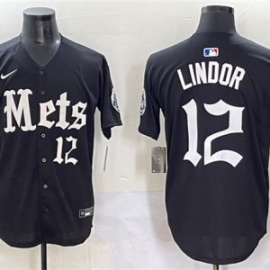 New York Mets #12 Francisco Lindor Black 'Gotham Gothic Edition' Vapor Premier Limited Stitched Jersey