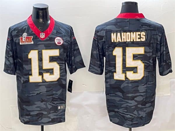 Kansas City Chiefs #15 Patrick Mahomes Black 2025 Super Bowl LIX Patch Camo Vapor Limited Stitched Jersey