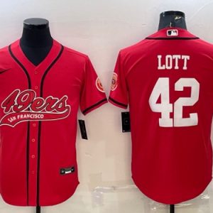 San Francisco 49ers #42 Ronnie Lott Red With Patch Cool Base Stitched Baseball Jersey