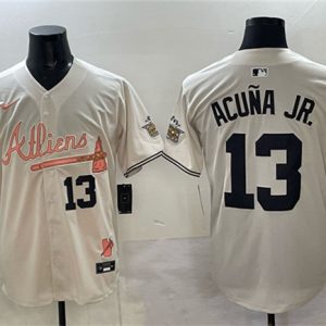 Atlanta Braves #13 Ronald Acuna Jr. Cream 2024 Atliens Peach With Outkast Patch Vapor Limited Stitched Jersey