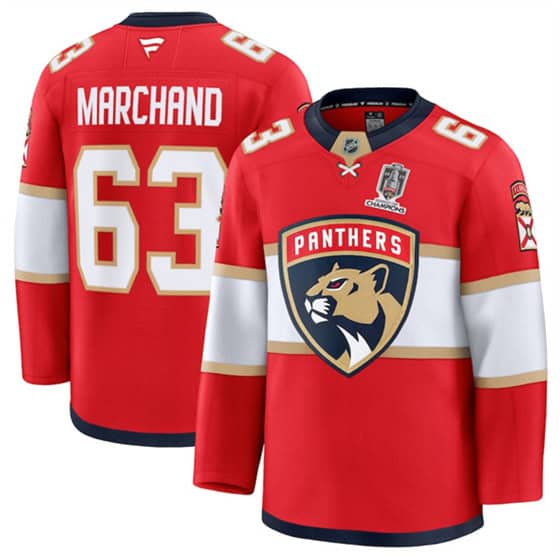 Florida Panthers #63 Brad Marchand Red Home 2025 Stanley Cup Champions Patch Stitched Jersey