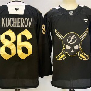 Tampa Bay Lightning #86 Nikita Kucherov 2024-25 Black Gasparilla Inspired Pirate-Themed Warmup Stitched Jersey