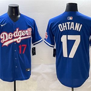 Los Angeles Dodgers #17 Shohei Ohtani Royal With American Flag Patch Limited Stitched Jersey