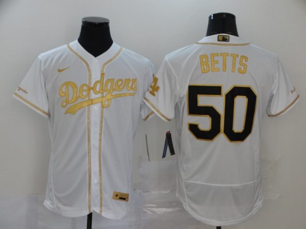 Los Angeles Dodgers #50 Mookie Betts White Golden Flex Base Stitched Jersey