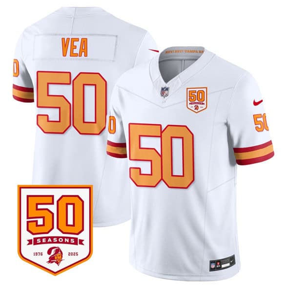 Tampa Bay Buccaneers #50 Vita Vea White 2025 F.U.S.E. 50th Anniversary Patch Vapor Limited Stitched Jersey