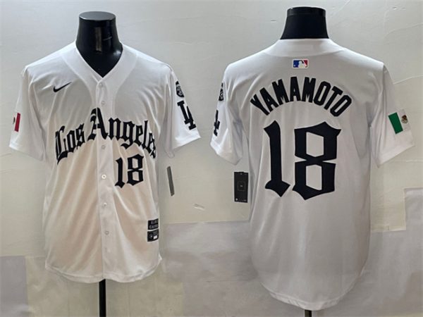 Los Angeles Dodgers #18 Yoshinobu Yamamoto White Mexico 2025 LA Gothic Style With Fernando Patch Vapor Premier Limited Stitched Jersey