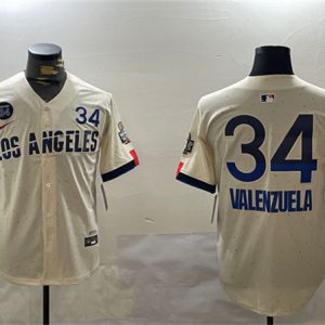 Los Angeles Dodgers #34 Toro Valenzuela Cream 2024 World Series With Fernando Memorial Patch City Connect Limited Stitched Jersey