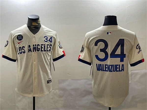 Los Angeles Dodgers #34 Toro Valenzuela Cream 2024 World Series With Fernando Memorial Patch City Connect Limited Stitched Jersey