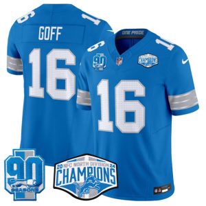Detroit Lions #16 Jared Goff Blue 2024 NFC North Champions 90th Anniversary Patch F.U.S.E. Vapor Limited Stitched Jersey