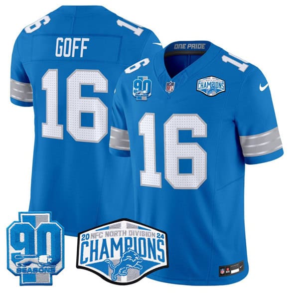 Detroit Lions #16 Jared Goff Blue 2024 NFC North Champions 90th Anniversary Patch F.U.S.E. Vapor Limited Stitched Jersey