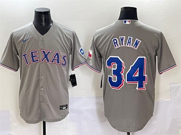 Texas Rangers #34 Nolan Ryan Grey With Patch Cool Base Stitched Jersey