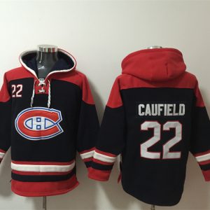 Montreal Canadiens #22 Cole Caufield Navy Red Lace-Up Pullover Hoodie