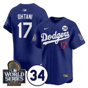 Los Angeles Dodgers #17 Shohei Ohtani Royal 2024 World Series With No. 34 Patch Cool Base Stitched Jersey
