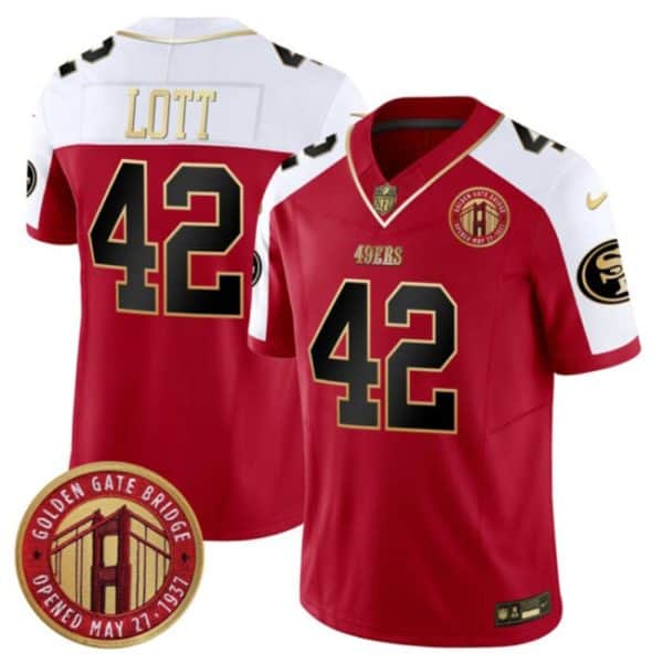 San Francisco 49ers #42 Ronnie Lott Red White F.U.S.E. Golden Gate Bridge Patch Alternate Vapor Limited Stitched Jersey