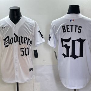 Los Angeles Dodgers #50 Mookie Betts White 2025 LA Gothic Style With 2024 World Series Champions Patch Vapor Premier Limited Stitched Jersey
