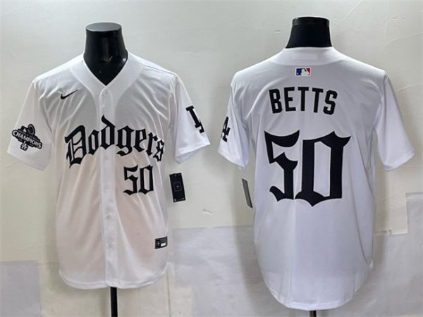 Los Angeles Dodgers #50 Mookie Betts White 2025 LA Gothic Style With 2024 World Series Champions Patch Vapor Premier Limited Stitched Jersey