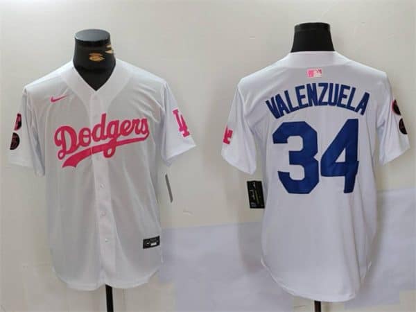 Los Angeles Dodgers #34 Toro Valenzuela White Pink Vin Kobe Patch Stitched Jersey