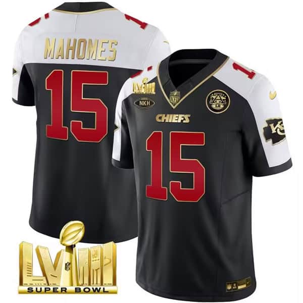 Kansas City Chiefs #15 Patrick Mahomes Black White 2024 F.U.S.E. Super Bowl LVIII Patch With "NKH" Patch Vapor Untouchable Limited Stitched Jersey