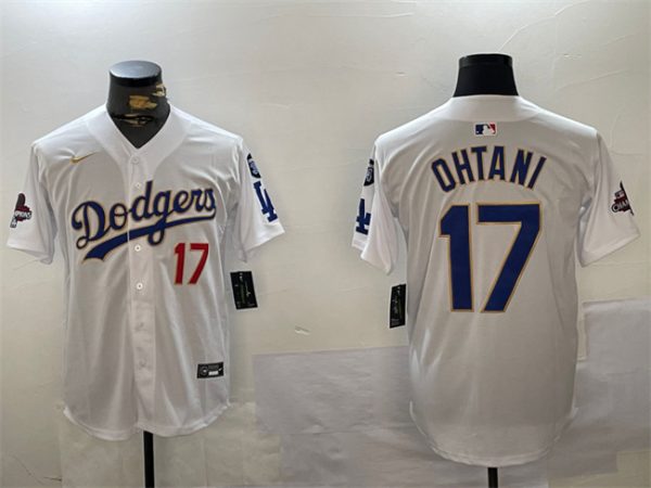 Los Angeles Dodgers #17 Shohei Ohtani White Gold 2024 World Series Champions With Fernando Memorial Patch Home Limited Stitched Jersey
