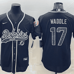 Miami Dolphins #17 Jaylen Waddle Black Reflective With Patch Cool Base Stitched Baseball Jersey