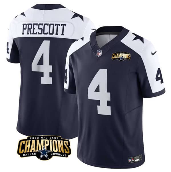 Dallas Cowboys #4 Dak Prescott Navy White 2023 F.U.S.E. NFC East Champions Patch Stitched Jersey